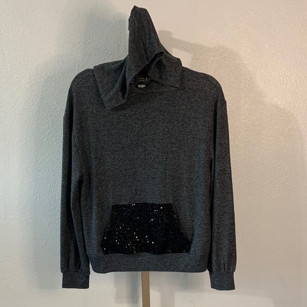 SATURDAY/SUNDAY- Charcoal Gray Hoodie with Black Sequin Pocket-XS- oversized
